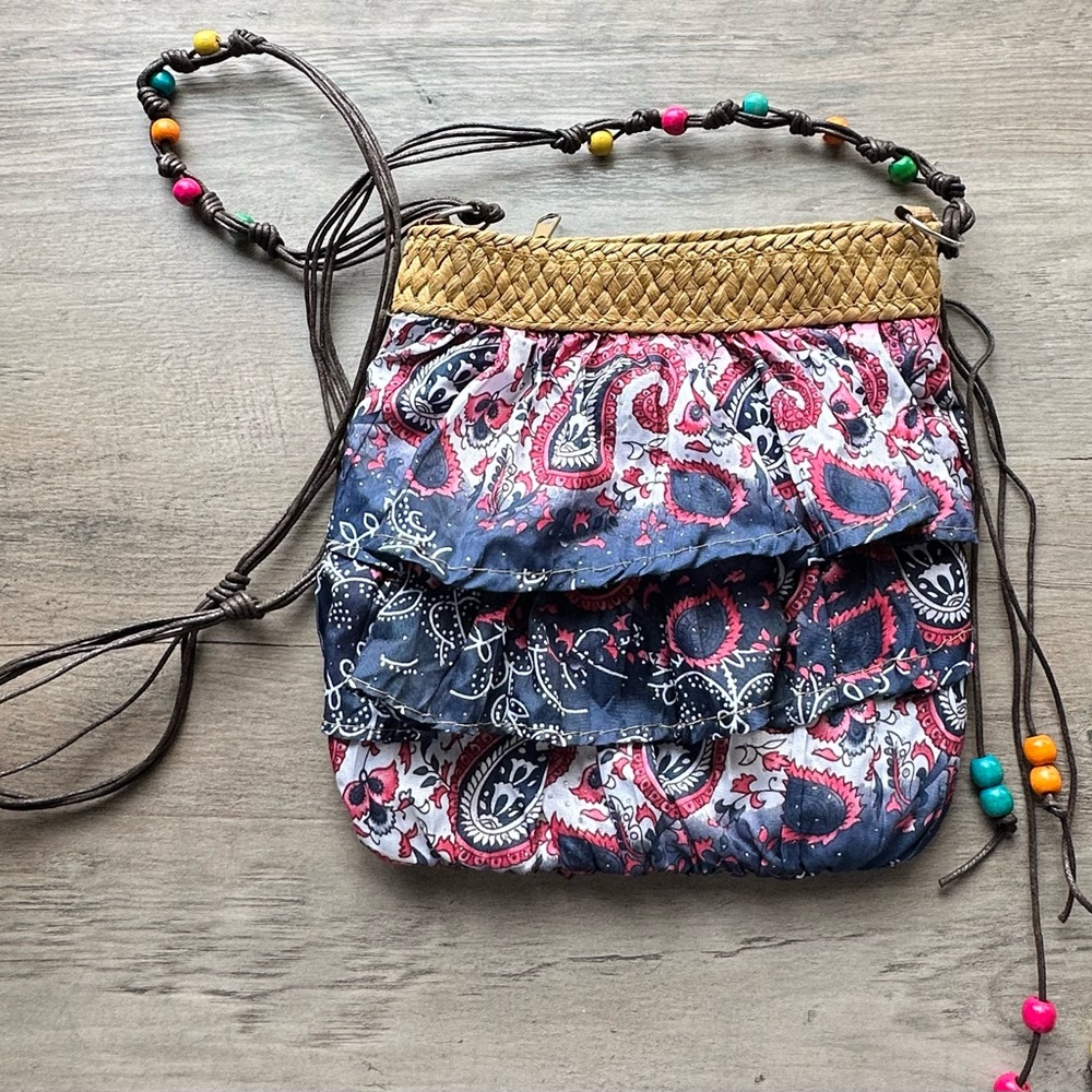 Blue and Brown Crossbody Bag with Unique Layered Design and Beaded Strap